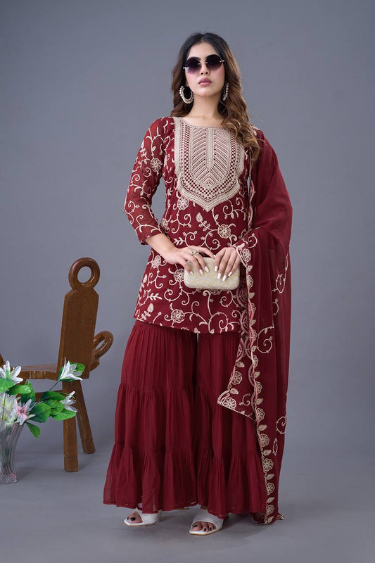 Heavy Embroidery Work Maroon Color Sharara Suit