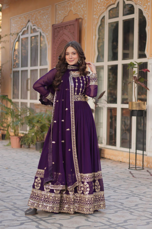 Demanding Embroidery Zari Sequins Work Purple Color Gown