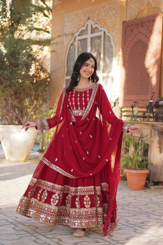 Demanding Embroidery Zari Sequins Work Red Color Gown