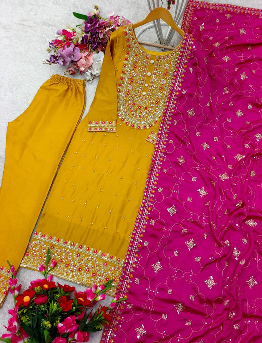 Delightful Ravet Moti Work Yellow Color Salwar Suit