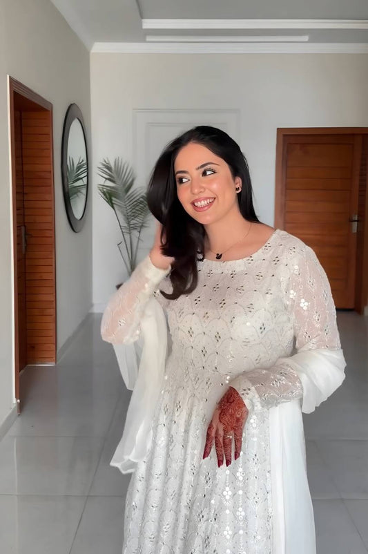 Outstanding Embroidered work White Color Gown With Palazzo