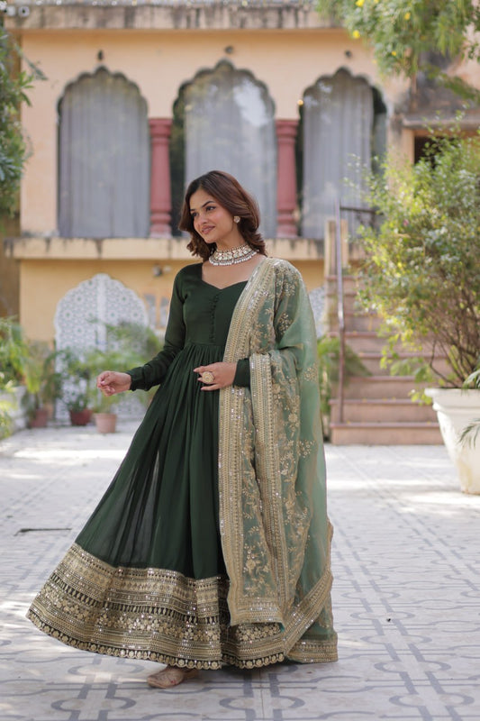 Imposing Vichitra Mehndi Green Color Gown