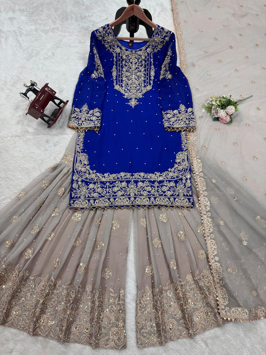 Blissful Georgette Sequins Work Navy Blue Color Sharara Suit