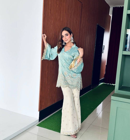 Unique French Crepe Sky Blue Color Top With Palazzo Suit