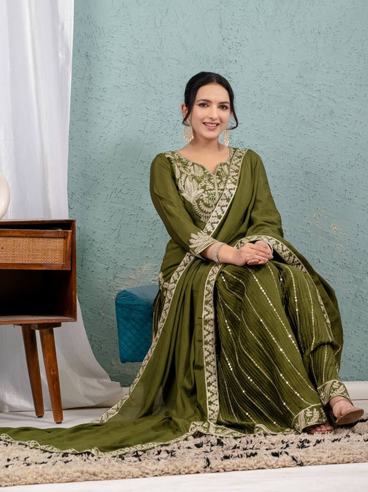 Glimmering Chinnon Silk Sequence Work Green Color Sharara Suit