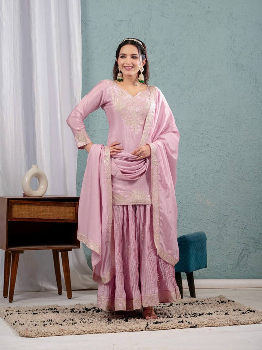 Glimmering Chinnon Silk Sequence Work Pink Color Sharara Suit