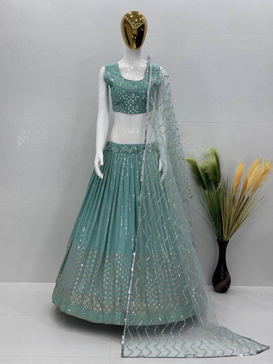 Wedding & Party Wear Real Mirror Hand Work Sky Blue Color Lehenga Choli