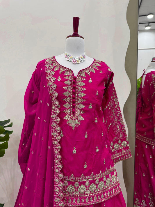 Occasion Wear Simmer Silk Dark Pink Color Top With Lehenga