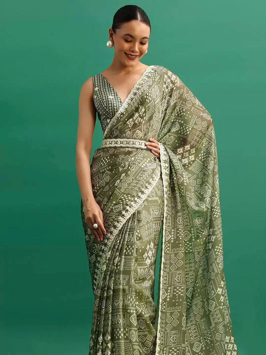 Flattering Digital Prints Green Saree