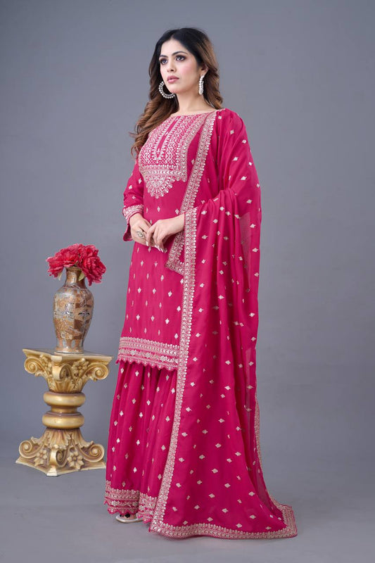 Shining Fully Stitched Pink Color Sharara Suit