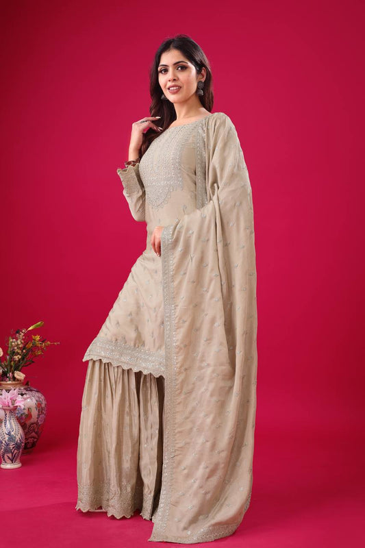 Shining Fully Stitched Beige Color Sharara Suit