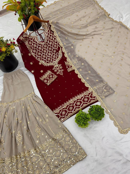 Presenting Embroidery Sequence Work Red Color Sharara Suit