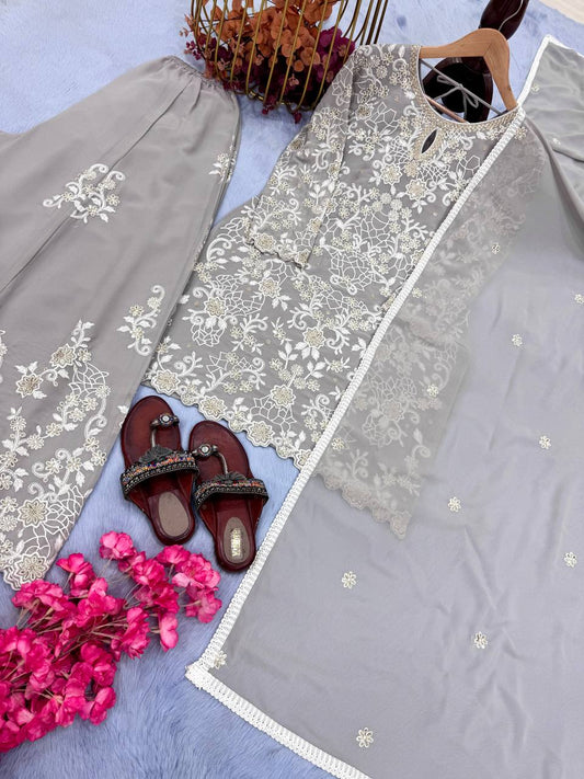 Graceful Georgette Grey Color Sharara Suit
