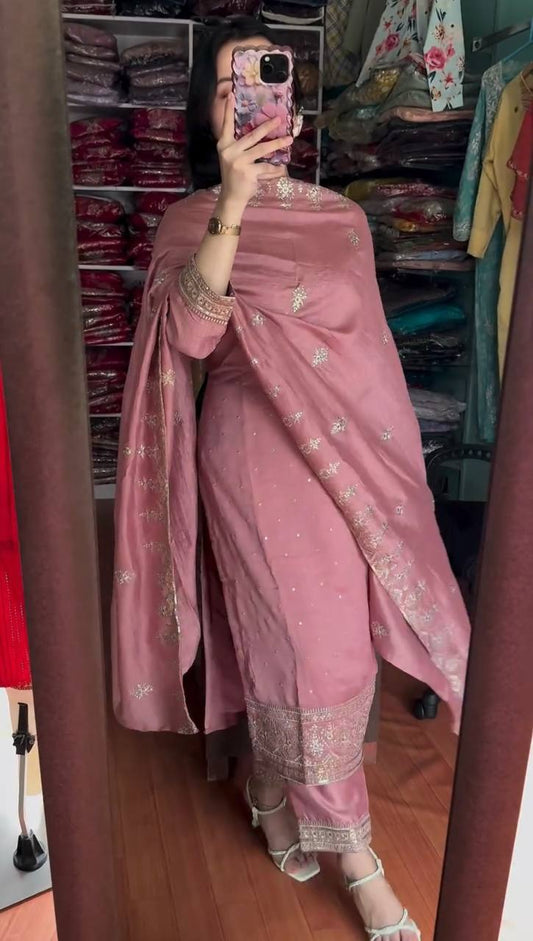 Glorious Chinnon Silk Work Pink Color Sharara Suit