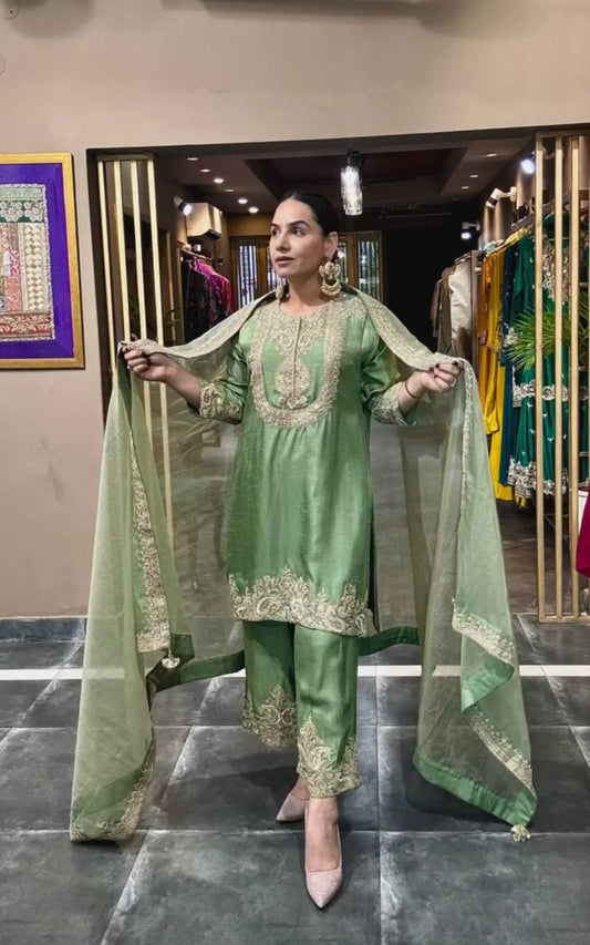 Luxuriant Chinnon Sequence Work Green Color Salwar Suit
