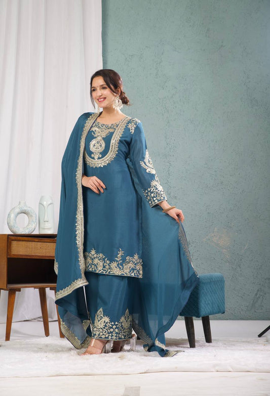 Luxuriant Chinnon Sequence Work Teal Blue Color Salwar Suit