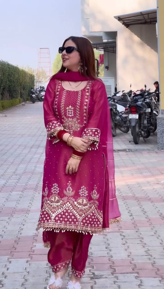 Exotic Pink Color Roman Shimmer Silk Salwar Suit