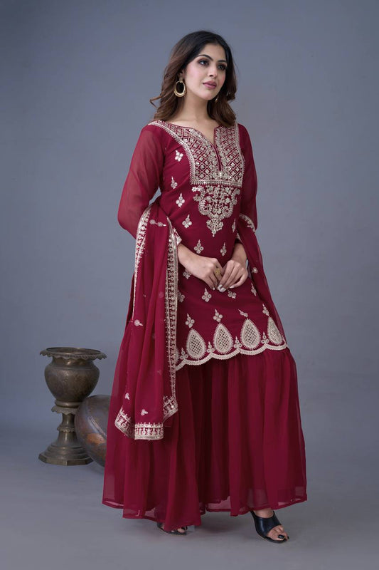 Embroidery Work Maroon Color Sharara Suit