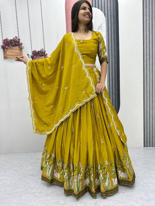 Eyes Catching Chinon Yellow Color Haldi Wear lehenga Choli