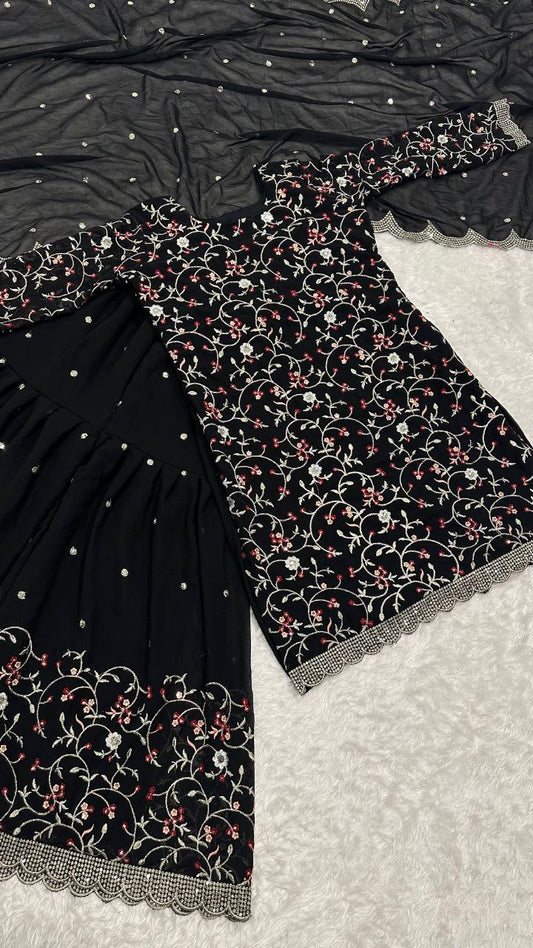 Party Wear Black Color Sequence Thread Zari Work Sharara Suit