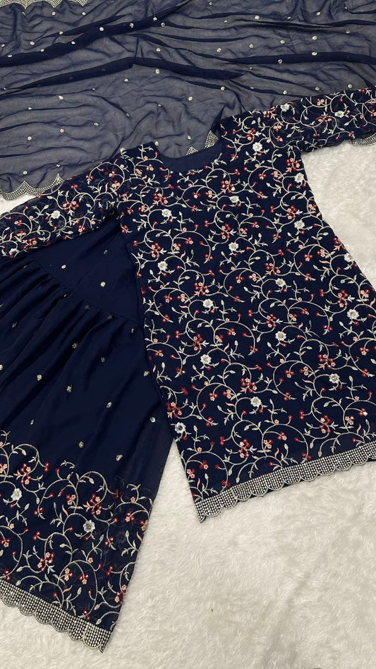 Party Wear Navy Blue Color Sequence Thread Zari Work Sharara Suit