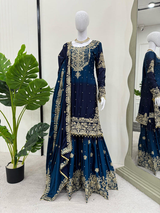 Glimmering Chinon Silk Double Shade Navy Blue Multi Color Sharara Suit