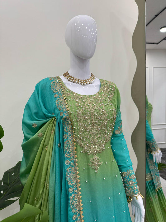 Glimmering Chinon Silk Double Shade Green Multi Color Sharara Suit