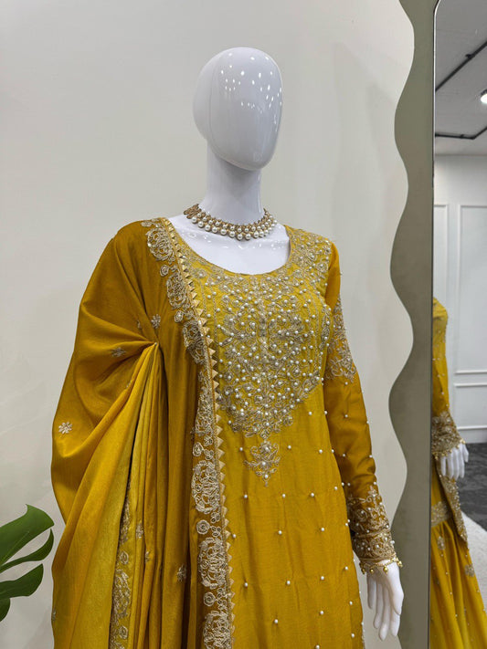 Glimmering Chinon Silk Double Shade Mustard Multi Color Sharara Suit