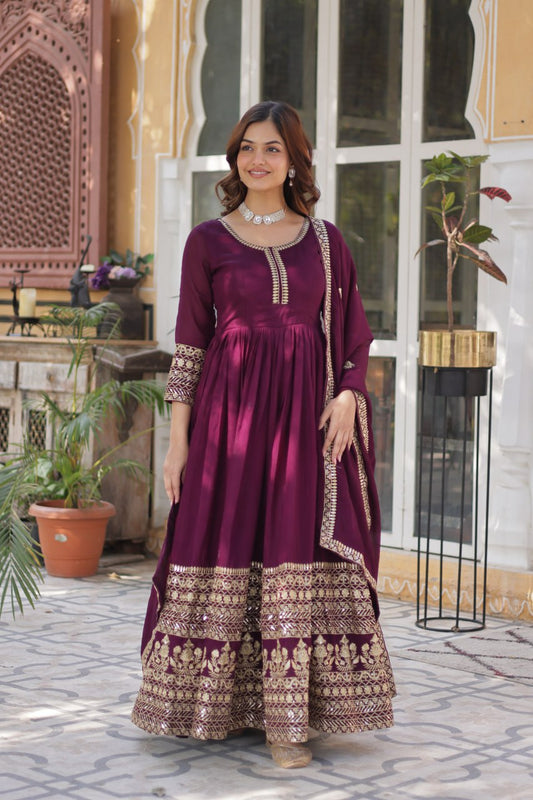 Demanding Vichitra Embroidery Work Wine Color Gown