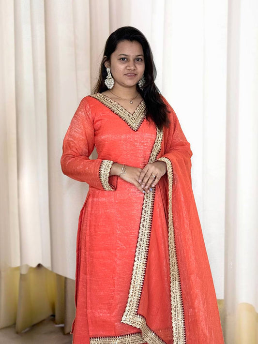 Outstanding Soft Gold Crush Silk Orange Color Palazo Suit