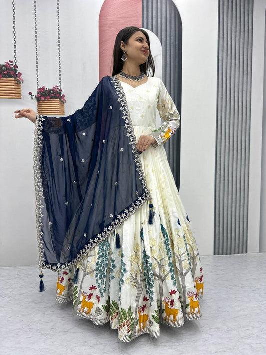 Festive Wear White Color Lehenga Choli With Blue Dupatta