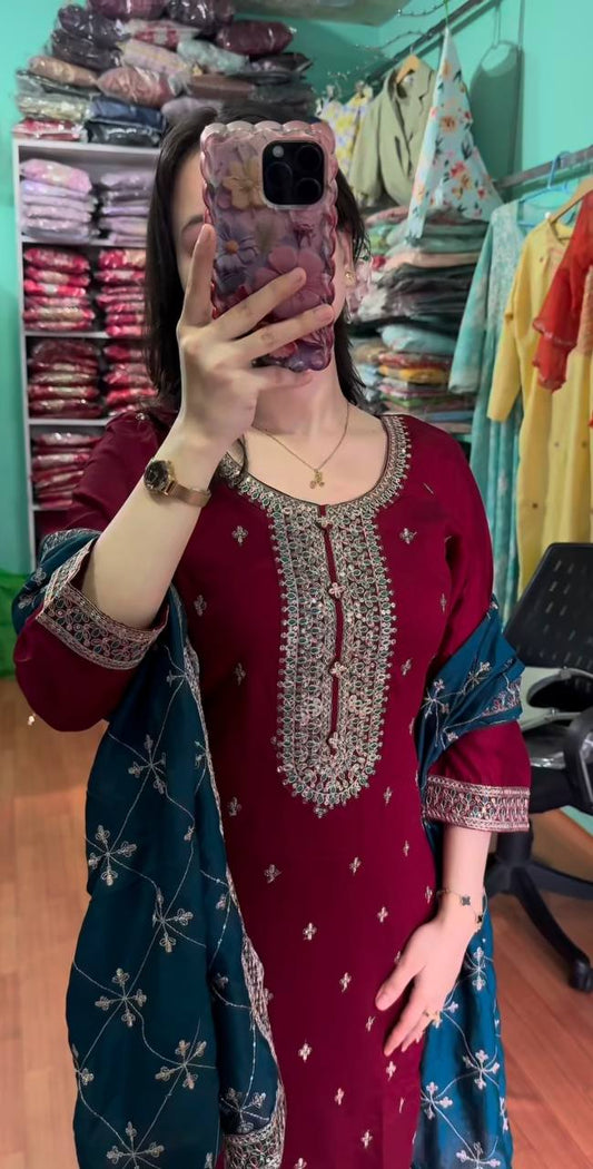 Flattering Red Color Chinnon Silk Salwar Suit