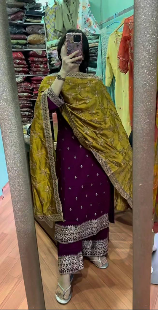Flattering Wine Color Chinnon Silk Salwar Suit