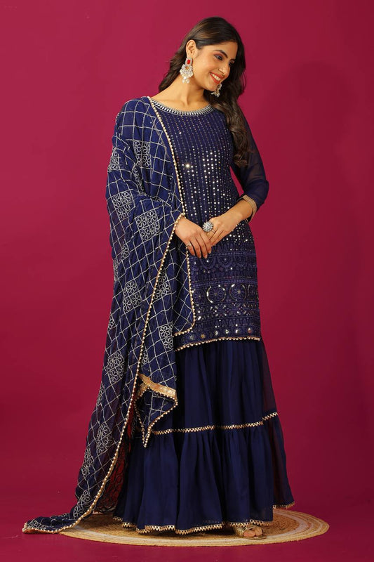 Fashionable Georgette Blue Color Sharara Suit