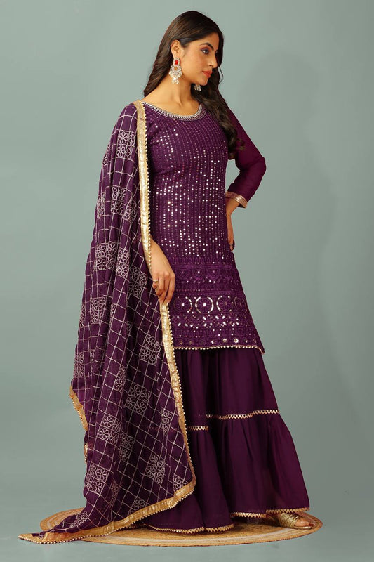 Fashionable Georgette Wine Color Sharara Suit
