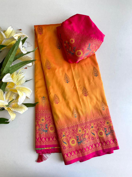 Ravishing Paithani Silk Orange Color Zari Weaves Saree