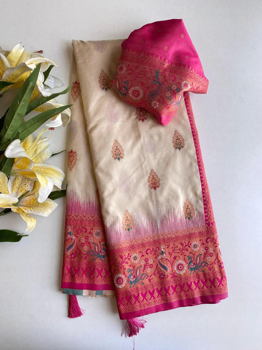Ravishing Paithani Silk Cream Color Zari Weaves Saree