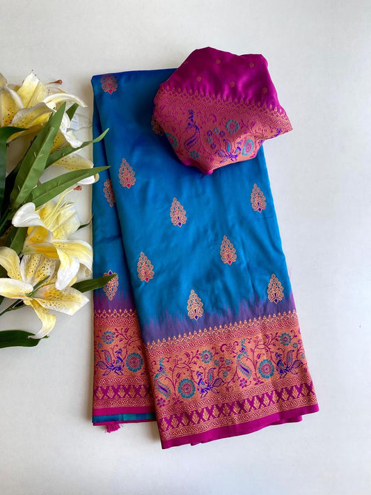 Ravishing Paithani Silk Sky Blue Color Zari Weaves Saree