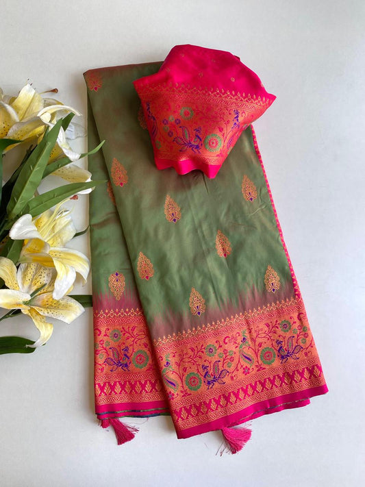 Ravishing Paithani Silk Mehndi Color Zari Weaves Saree
