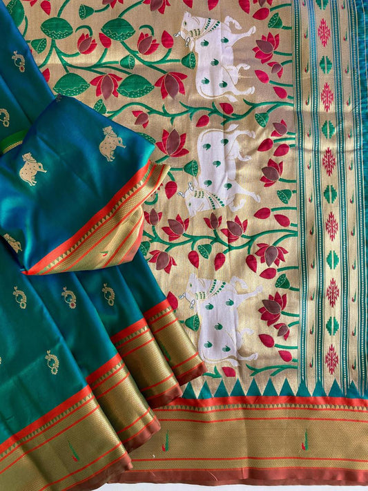 Graceful Paithani Weaving Teal Blue Color Saree