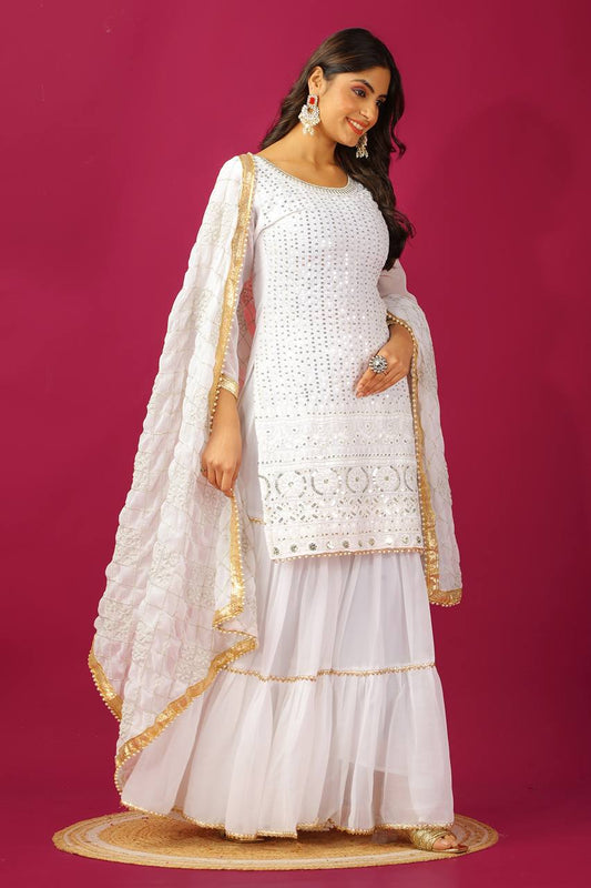 Fashionable Georgette White Color Sharara Suit