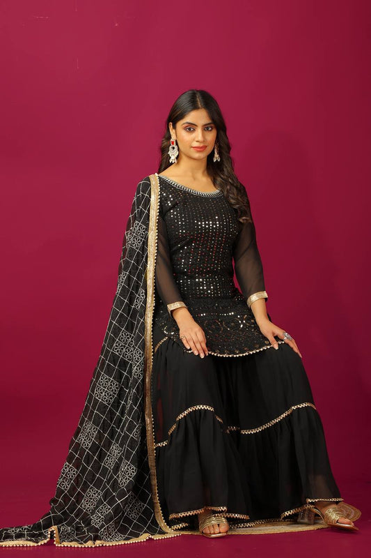 Fashionable Georgette Black Color Sharara Suit