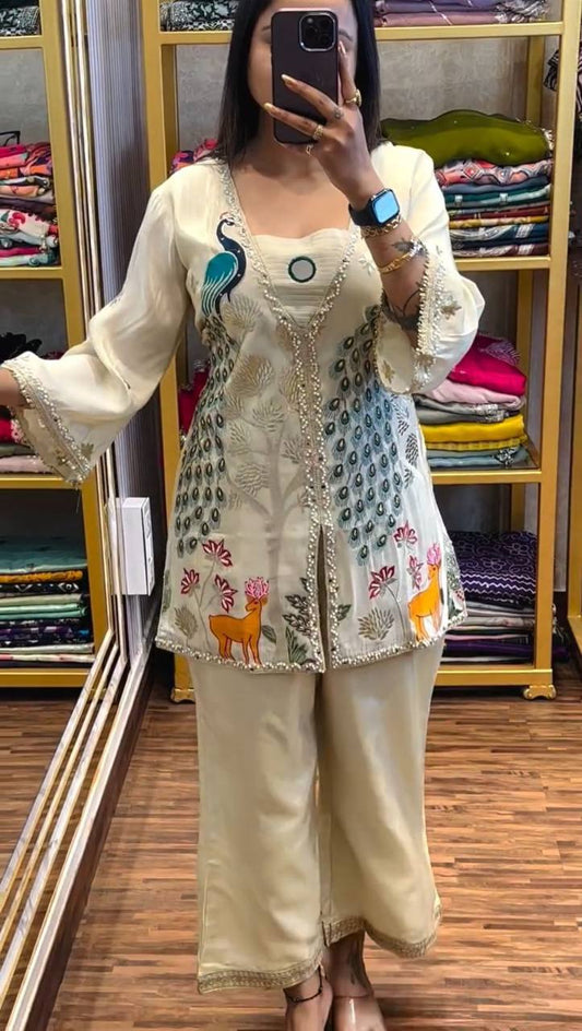 Ravishing Simmer Silk Embroidery Cream Color Palazzo Suit