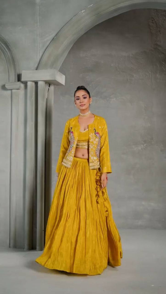 Presenting Chinon Yellow Color Lehenga Choli With Koti