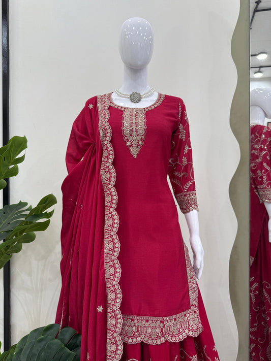 Elegant Red Color Chinon Silk Sharara Suit