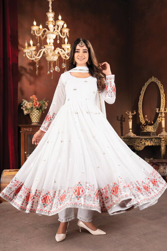 Delightful Embroidered Work White Color Gown
