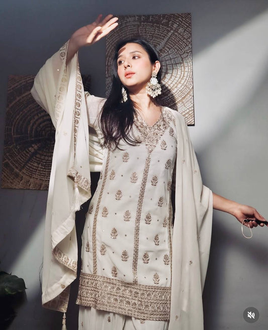 Superhit White Color Georgette Embroidery Work Sharara Suit