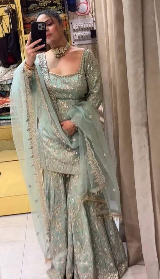 Wonderful Aqua Green Color Embroidery Work Sharara Suit