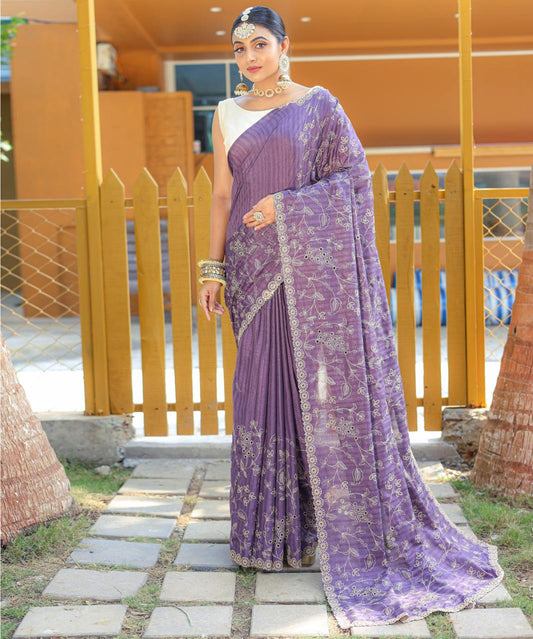 Captivating Silk Floral Design Lavender Color Saree