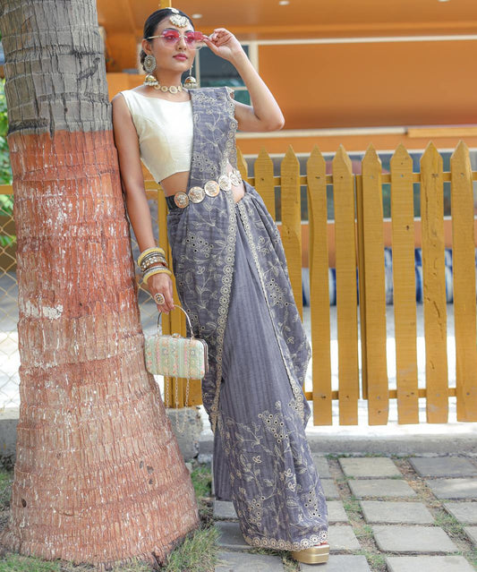 Captivating Silk Floral Design Grey Color Saree